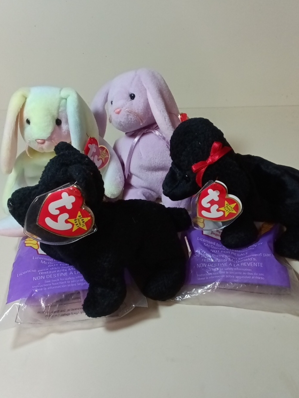 Ty Pastel Lavender and Mint Bunny Plushes with Black Puppy Beanie Babies